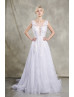 Plunging V Neck Beaded White Lace Tulle Illusion Back Wedding Dress